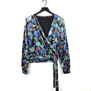 Zara Faux Wrap Velour Long Sleeve Floral Top M